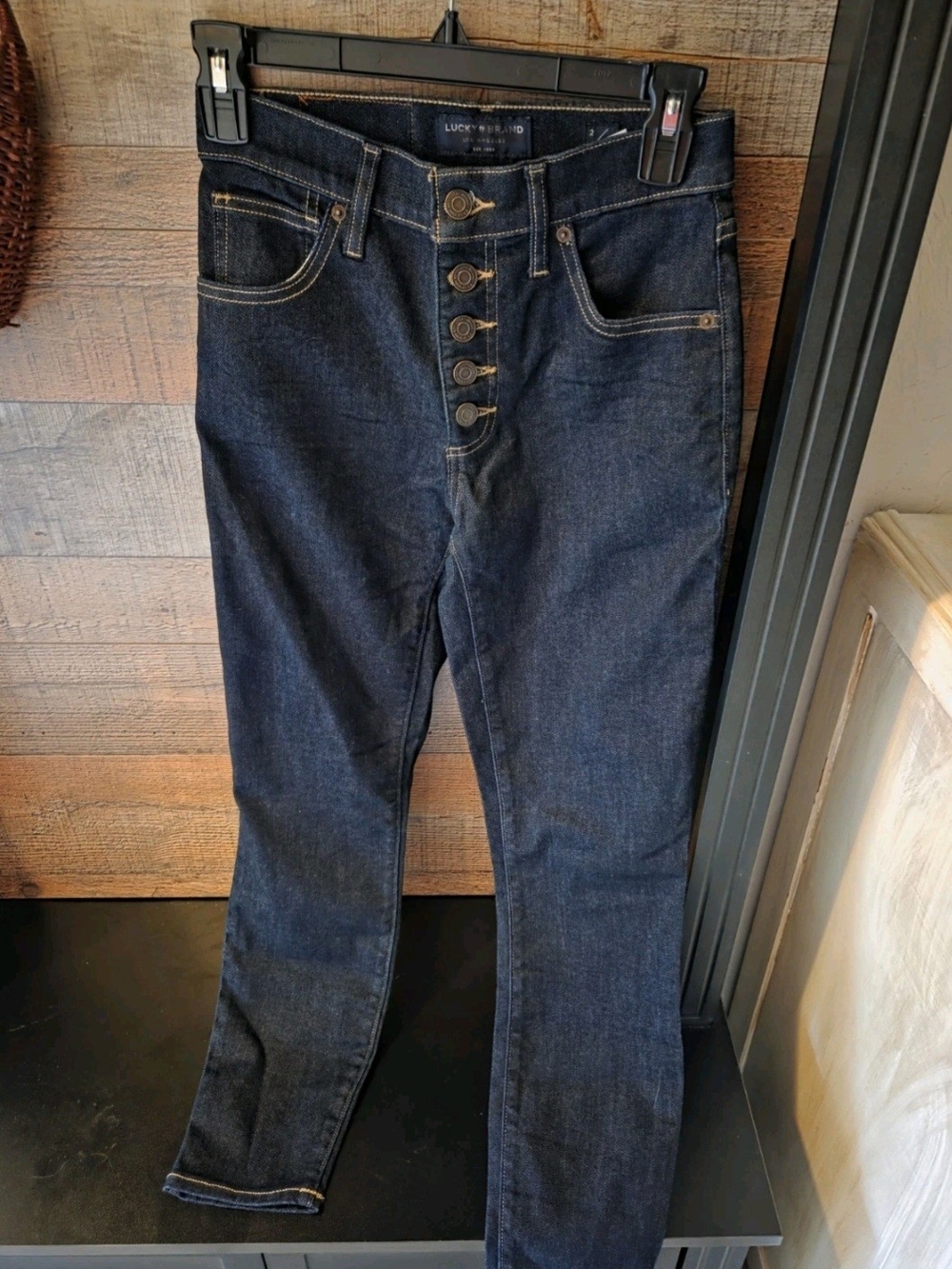 Lucky Brand Bridgette High Rise Skinny jeans in a dark denim wash